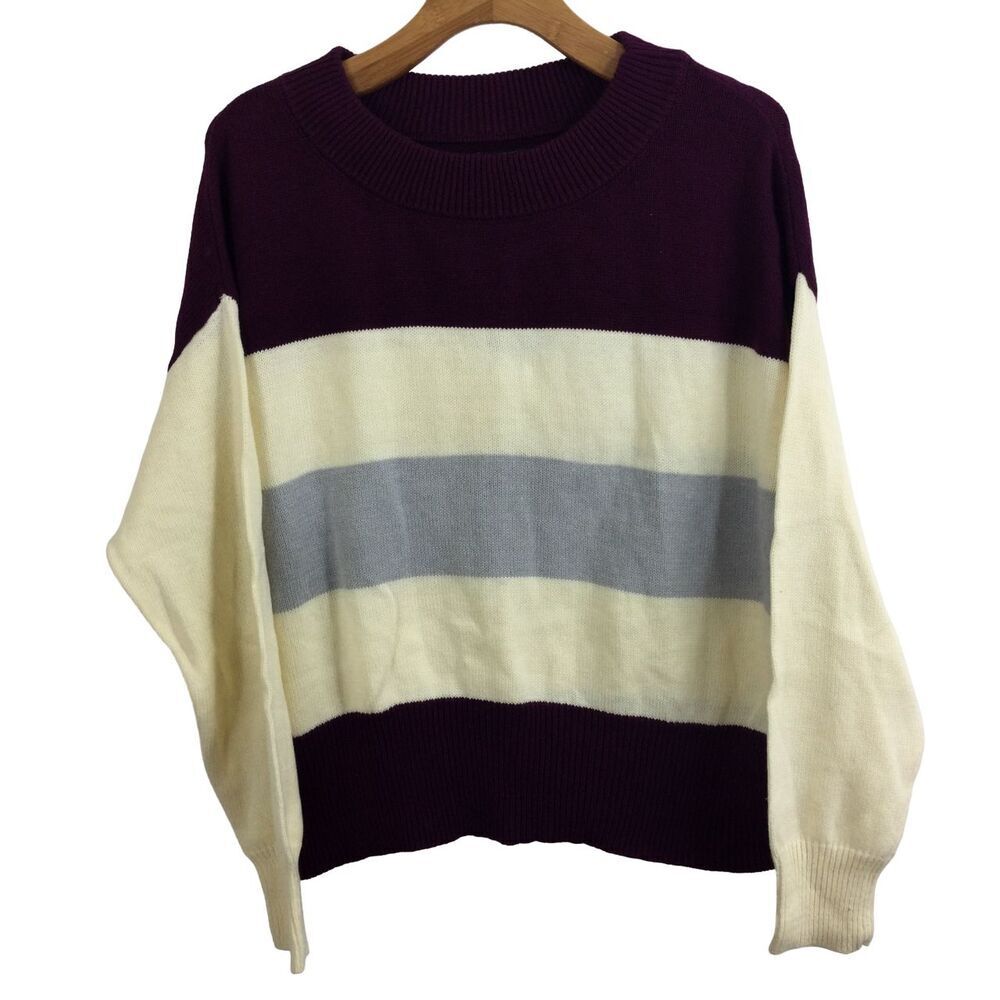 Lucky Brand Womens Striped Pullover Knit Sweater Purple Ivory Gray Large NWT